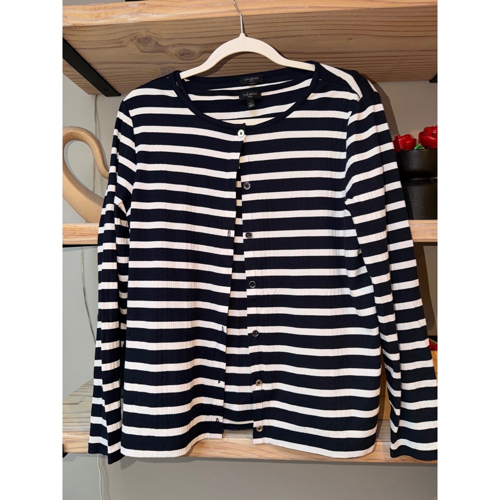 Talbots Petite Navy White Striped Ribbed Knit Cardigan and Tank Twin Set LP